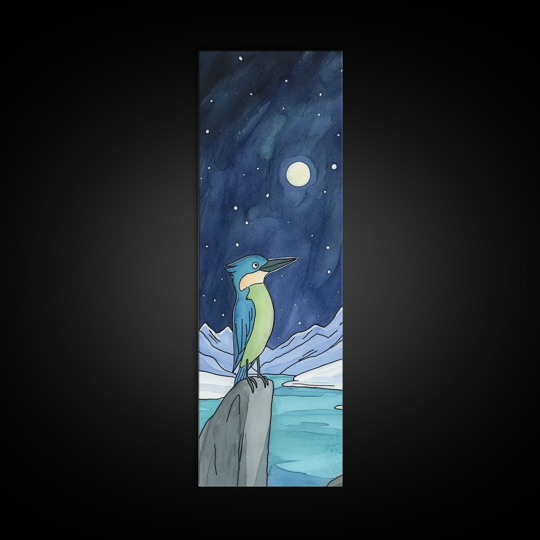 Moonlit Kingfisher On Arctic Ice Wall Art, Whimsical Bird Print, Celestial Night Sky Decor, Kids Room Art Gift, Nursery Decor