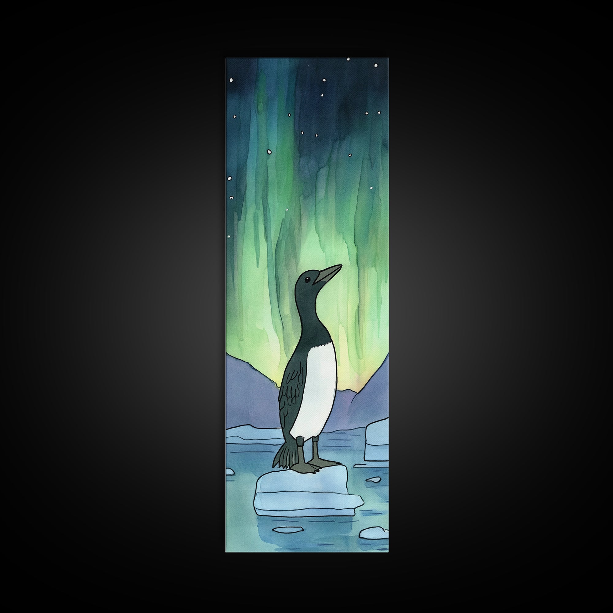 Penguin Under Northern Lights Wall Art, Aurora Night Sky Canvas Print, Whimsical Polar Animal Decor, Nursery Gift, Kids Room
