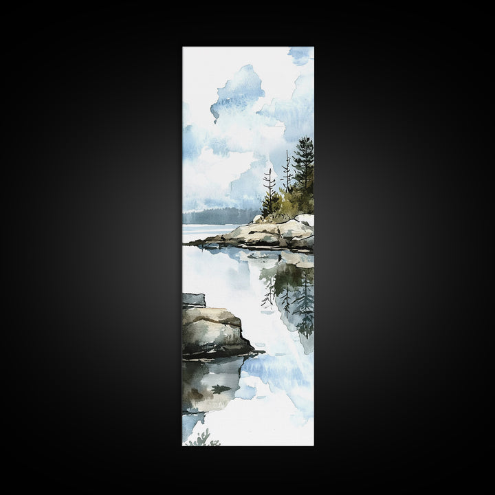 Quiet Rocky Lake And Pine Reflection Framed Canvas Print, Watercolor Landscape Wall Art, Nature Decor, Living Room Art Print
