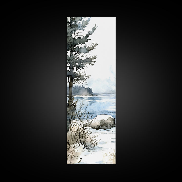 Pine Tree By Frozen Lake Framed Canvas Print, Winter Coastal Landscape Wall Art, Cabin Decor, Scandinavian Wall Decor Gift