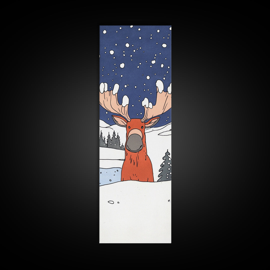 Whimsical Moose In Snow Wall Art, Cute Animal Print For Nursery Decor, Winter Woodland Kids Room Decor, Housewarming Gift