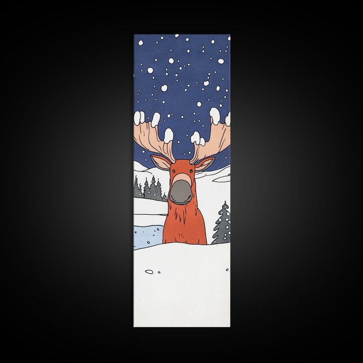 Whimsical Moose In Snow Wall Art, Cute Animal Print For Nursery Decor, Winter Woodland Kids Room Decor, Housewarming Gift