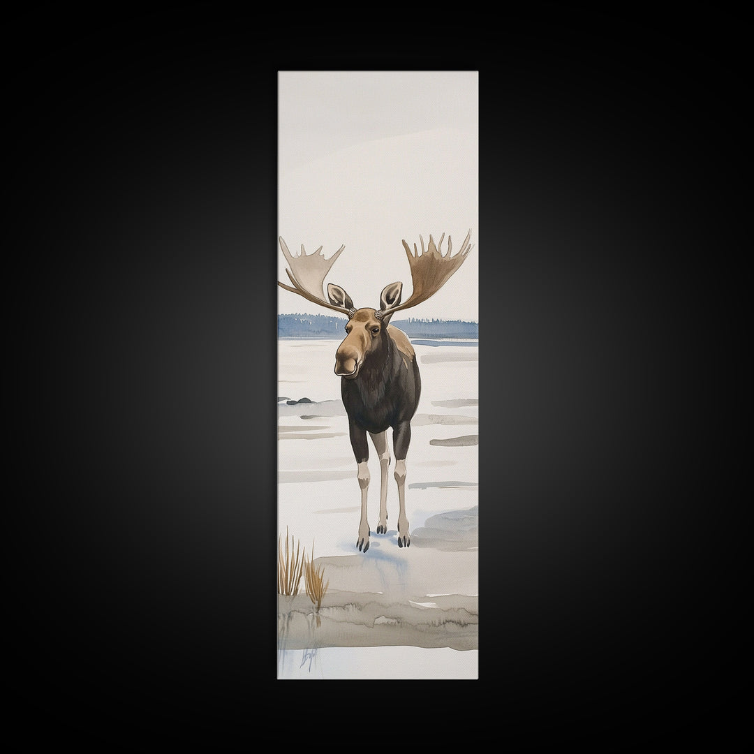 Snowy Moose Watercolor Wall Art, Rustic Wildlife Print, Cabin Decor, Winter Landscape Art, Nature Lover Housewarming Gift