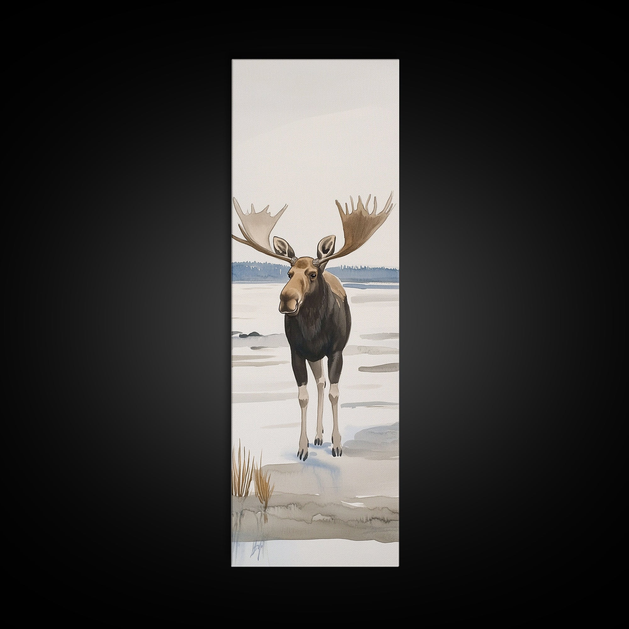 Snowy Moose Watercolor Wall Art, Rustic Wildlife Print, Cabin Decor, Winter Landscape Art, Nature Lover Housewarming Gift