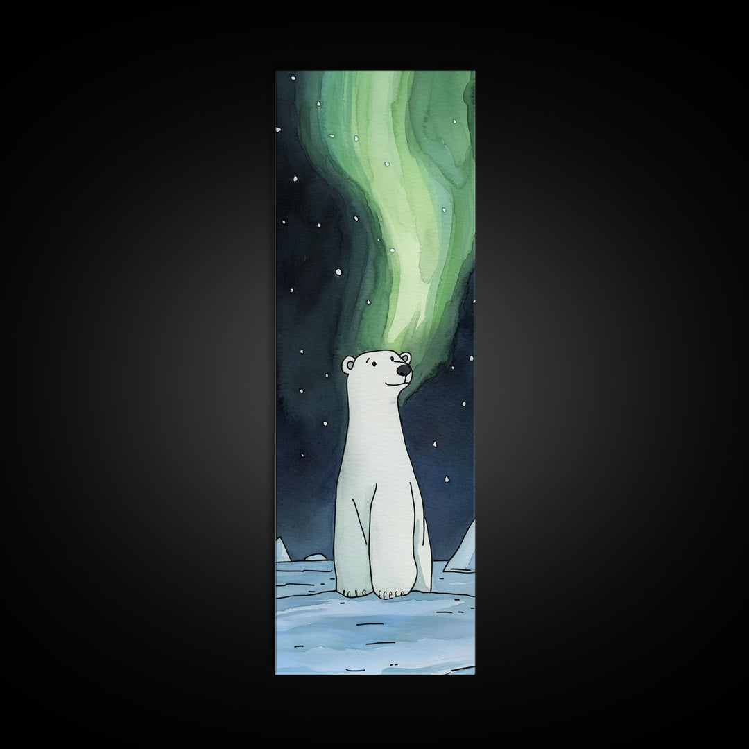 Polar Bear Northern Lights Canvas Print Cute Arctic Animal Art, Celestial Nursery Decor, Kids Room Wall Art Gift For Baby Shower