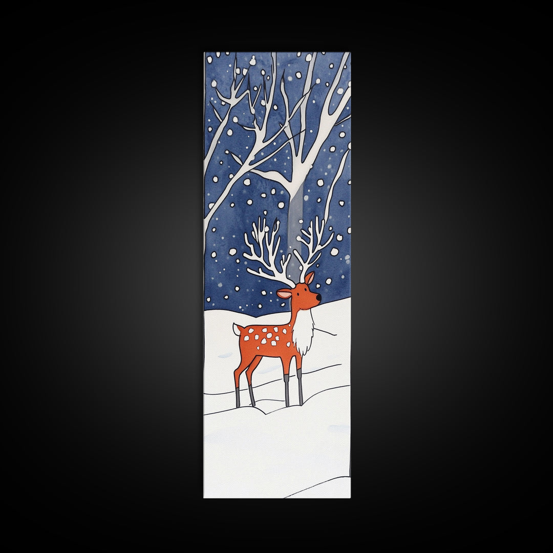 Red Reindeer In Snowy Forest Wall Art, Whimsical Winter Woodland Nursery Decor, Christmas Gift, Kids Room Wall Decor For Baby