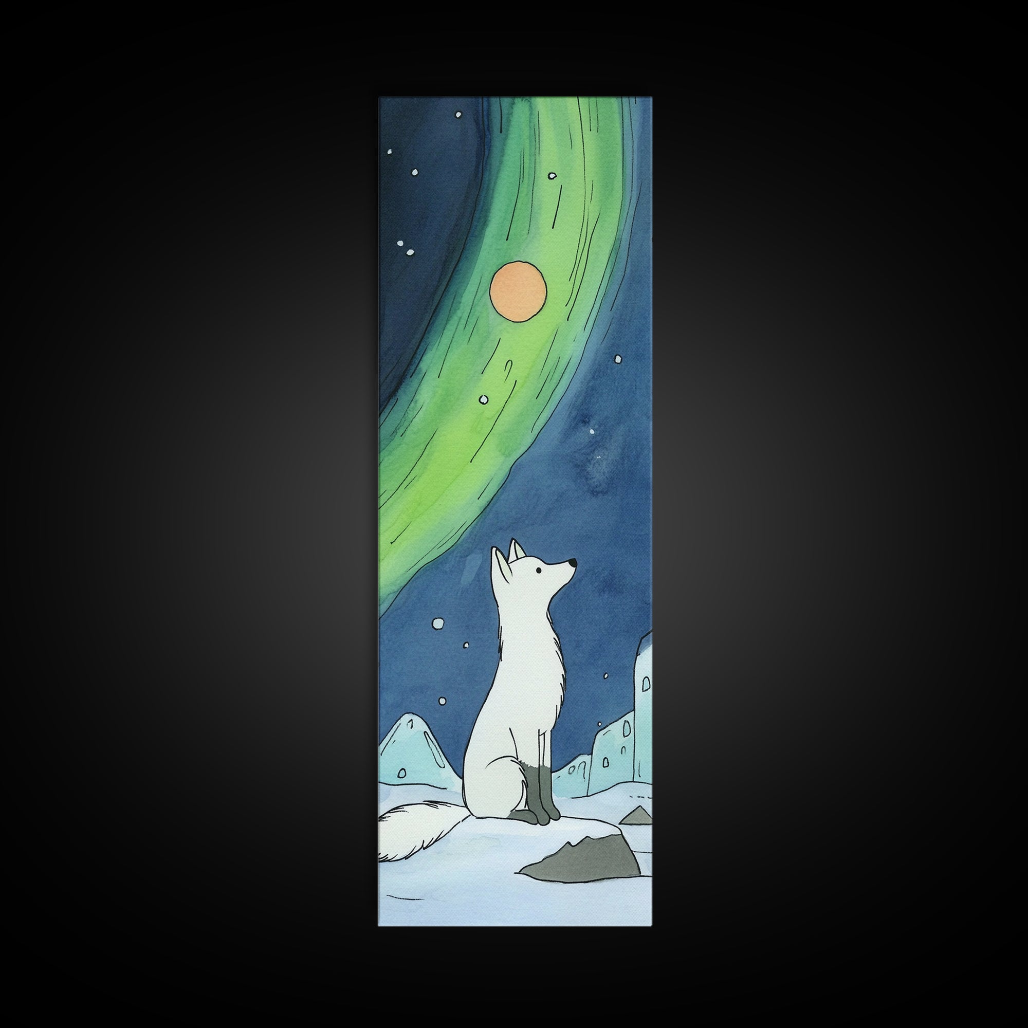 Arctic Fox Under Northern Lights Wall Art, Whimsical Snowy Animal Print, Aurora Nursery Decor, Winter Wildlife Canvas Print