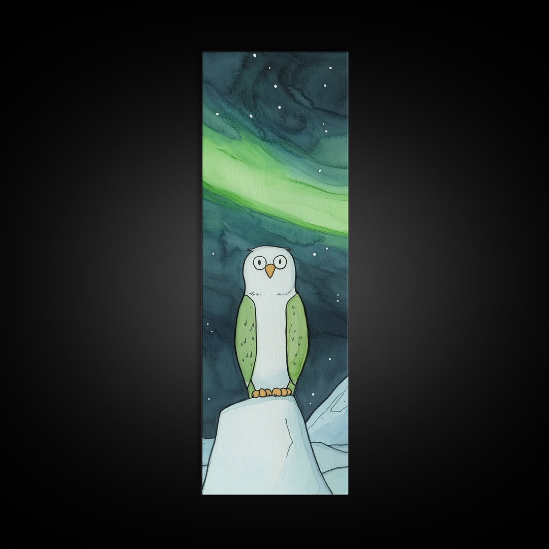 Cute Owl Under Aurora Wall Art, Whimsical Northern Lights Canvas Print, Kids Room Decor, Nursery Animal Art, Winter Gift