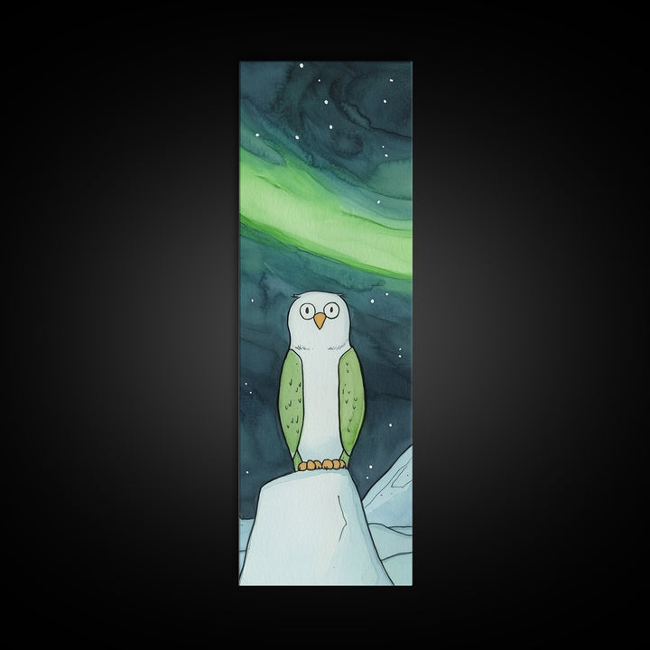 Cute Owl Under Aurora Wall Art, Whimsical Northern Lights Canvas Print, Kids Room Decor, Nursery Animal Art, Winter Gift