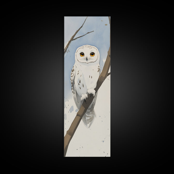 Snowy Owl On Winter Branch Wall Art, Watercolor Bird Print, Woodland Nursery Decor, Rustic Wildlife Art, Nature Lover Gift