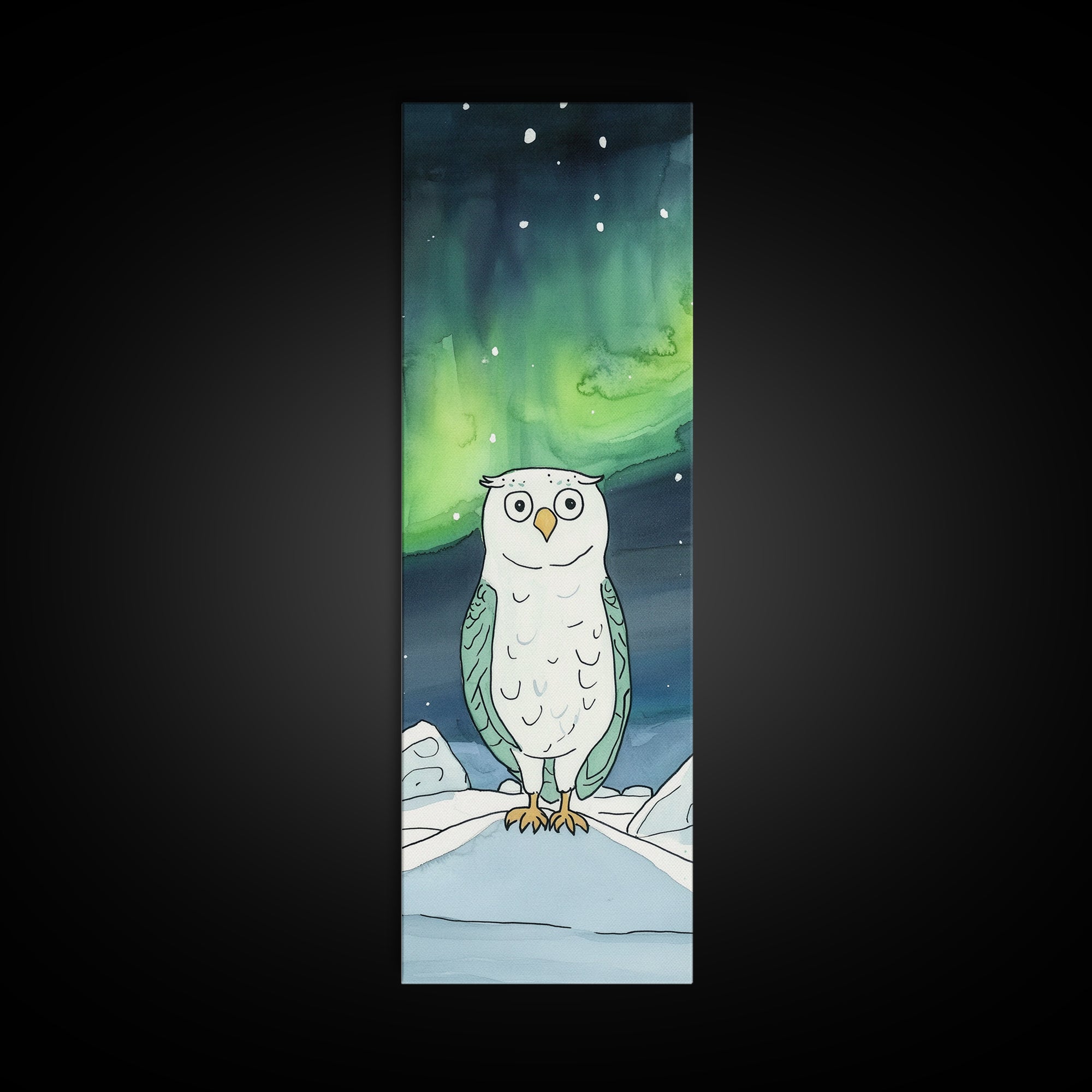 Wide Eyed Owl Beneath Northern Lights Wall Art, Whimsical Bird Print, Aurora Nursery Decor, Celestial Kids Room Art Gift