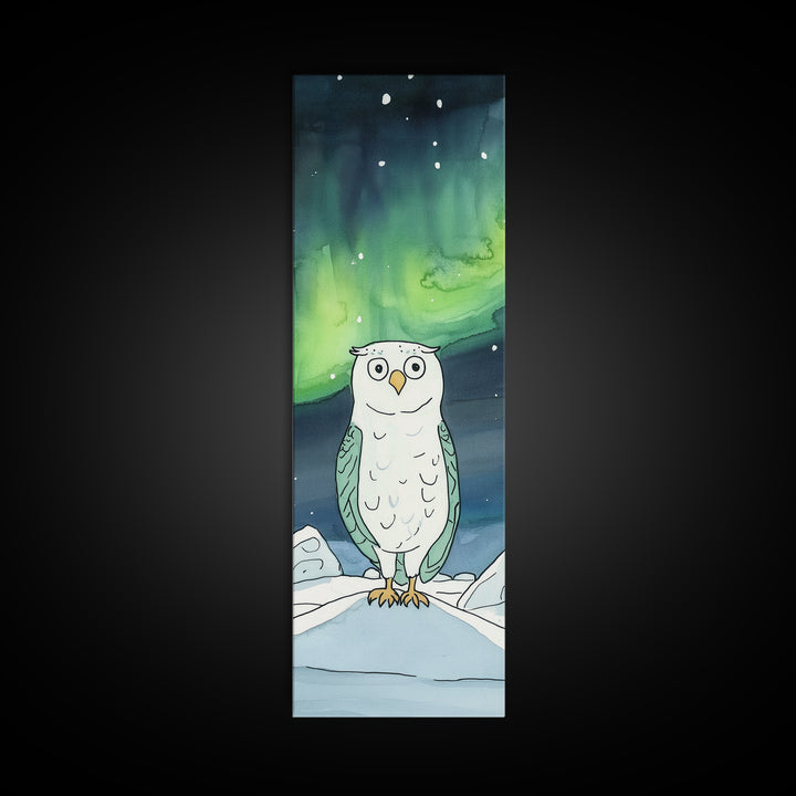 Wide Eyed Owl Beneath Northern Lights Wall Art, Whimsical Bird Print, Aurora Nursery Decor, Celestial Kids Room Art Gift
