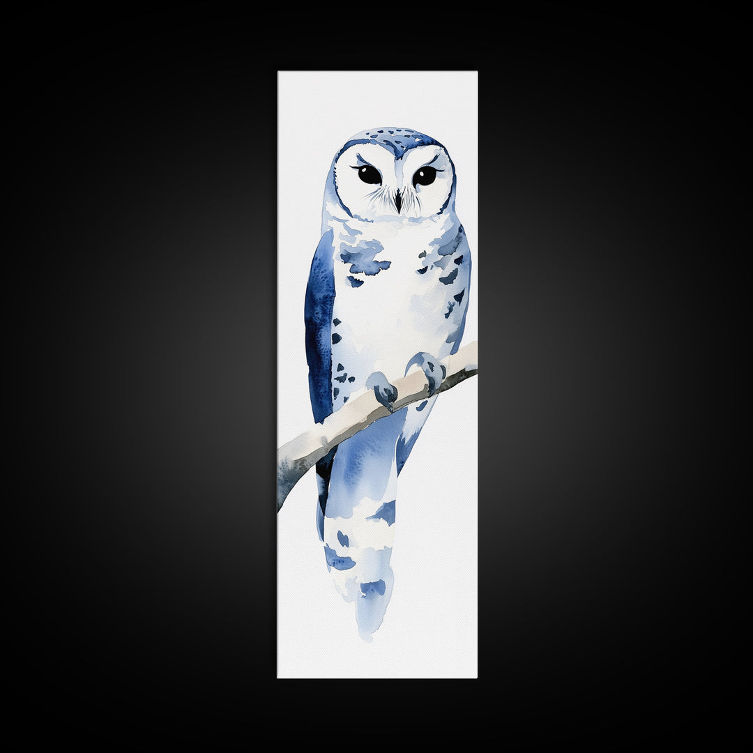 Blue And White Owl On Branch Canvas Print, Minimal Watercolor Bird Art, Nursery Wall Decor, Coastal Blue Bedroom Art Gift