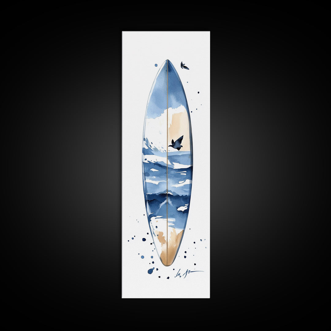 Blue Wave Surfboard With Birds Canvas Print, Coastal Wall Art, Ocean Decor, Beach House Surf Poster, Living Room Art, Modern Coastal Art