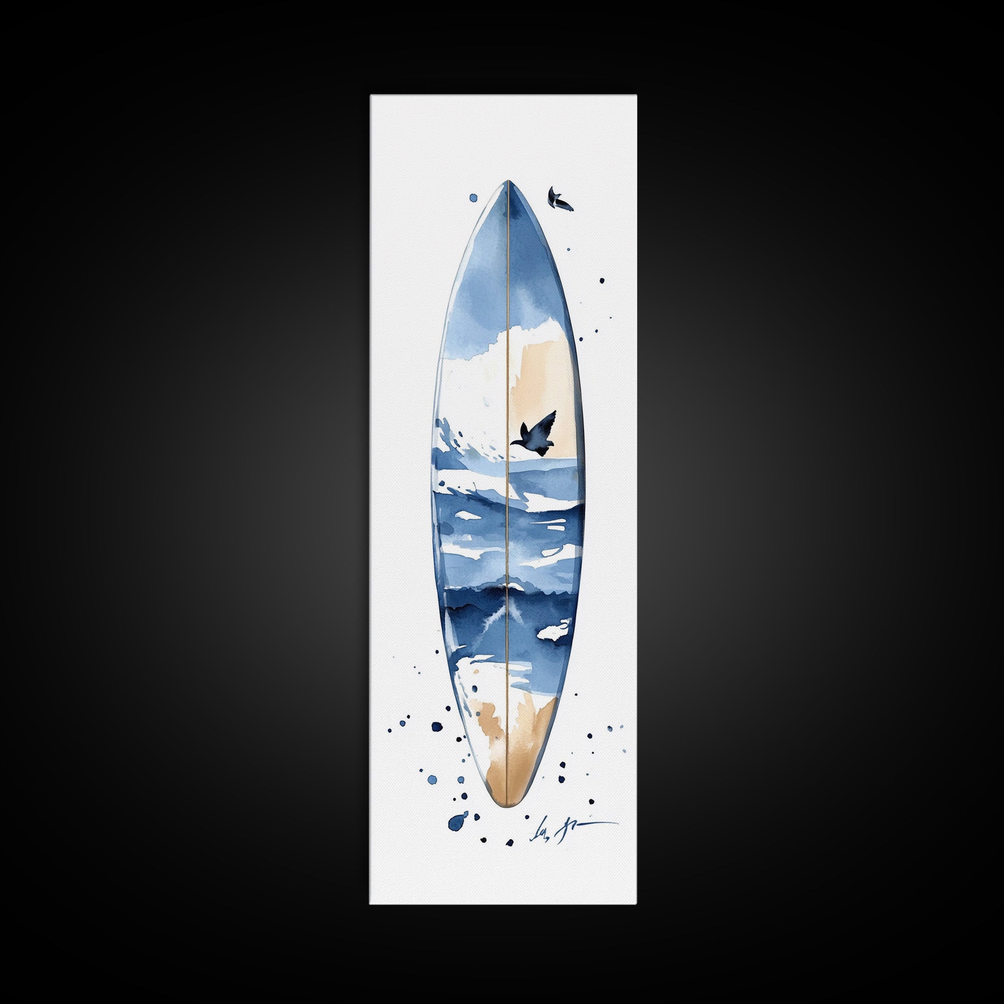 Blue Wave Surfboard With Birds Canvas Print, Coastal Wall Art, Ocean Decor, Beach House Surf Poster, Living Room Art, Modern Coastal Art