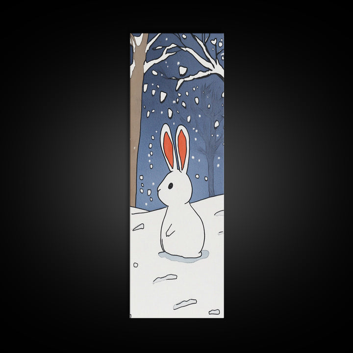 White Bunny In Snowy Forest Wall Art, Whimsical Rabbit Print, Woodland Nursery Decor, Winter Kids Room Wall Decor, Baby Shower Gift