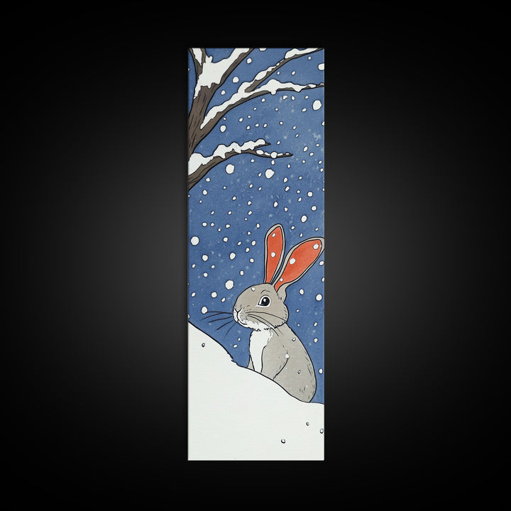 Snow Bunny In Falling Snow Wall Art, Whimsical Rabbit Watercolor Print, Cute Nursery Animal Decor, Winter Kids Room Art