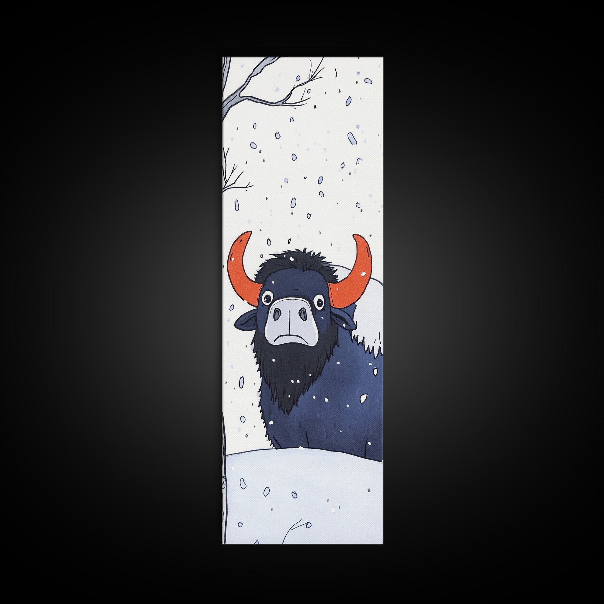 Musk Ox In Falling Snow Canvas Print, Whimsical Winter Animal Art, Nursery Wall Decor, Rustic Wildlife Gift For Kids Room