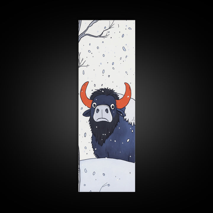 Musk Ox In Falling Snow Canvas Print, Whimsical Winter Animal Art, Nursery Wall Decor, Rustic Wildlife Gift For Kids Room