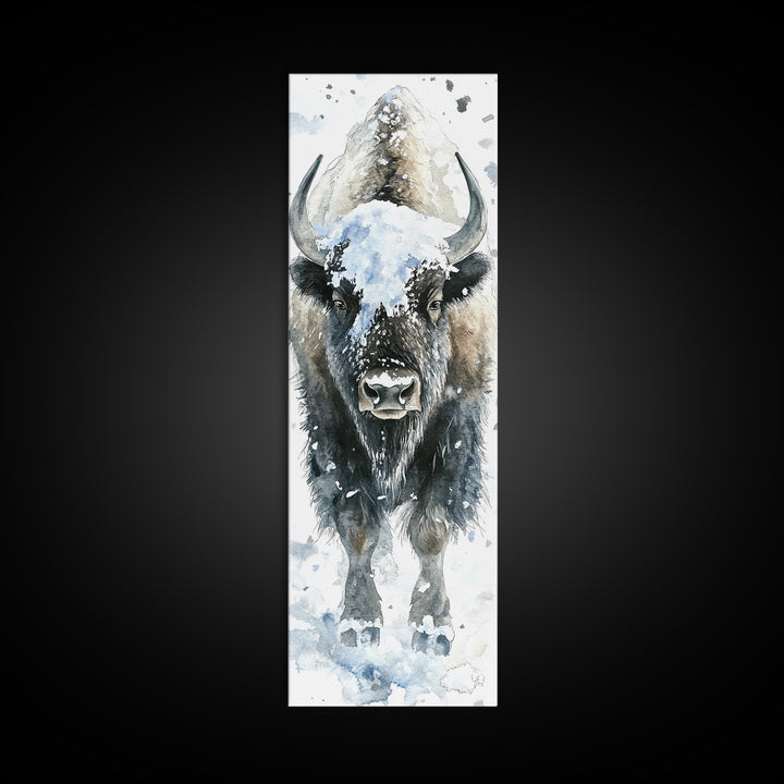 Snowy Bison Portrait Framed Canvas Print, Rustic Wildlife Wall Art, Western Animal Decor, Winter Lodge Housewarming Gift
