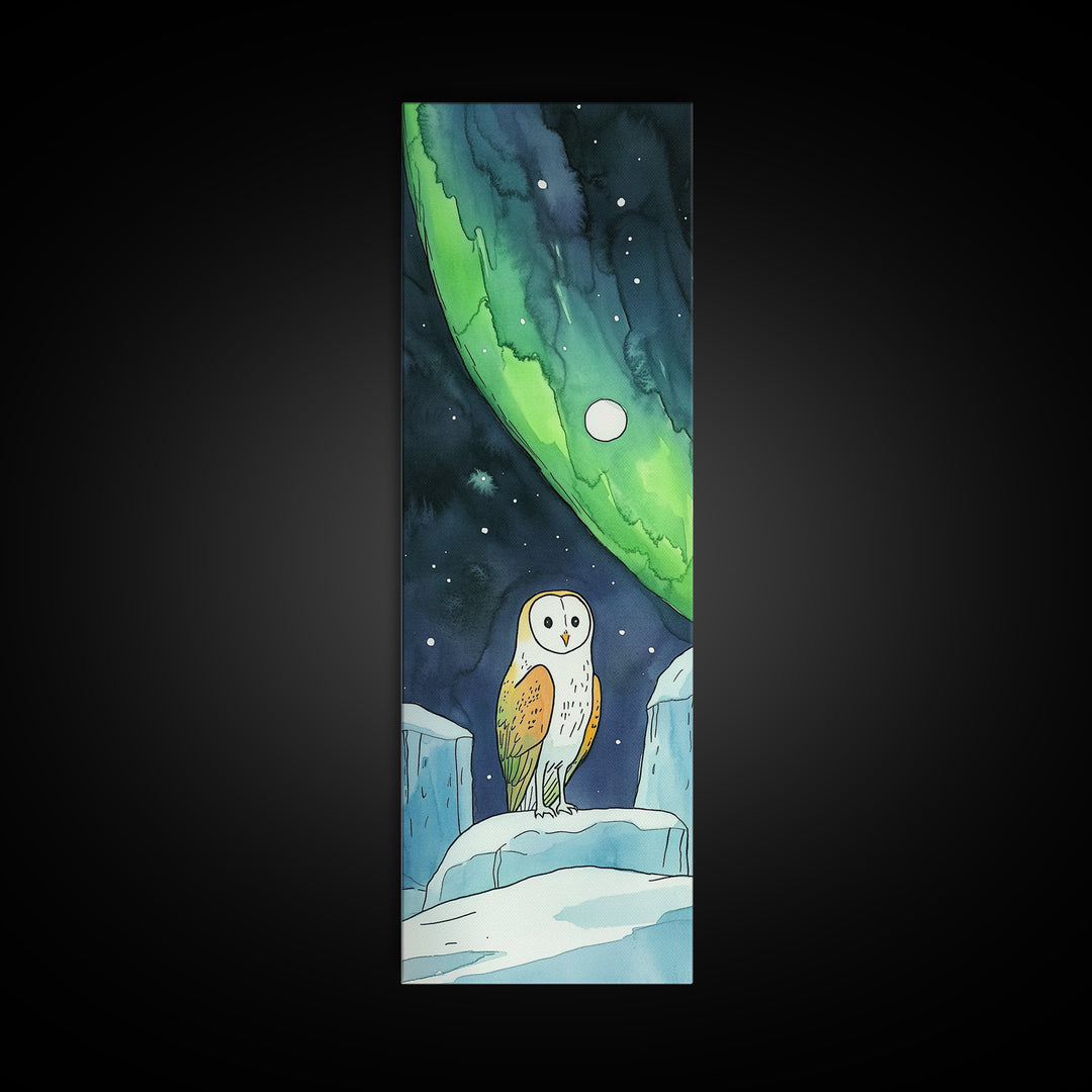 Barn Owl Under Northern Lights Canvas Print, Celestial Wall Art, Aurora Borealis Nursery Decor, Arctic Wildlife Gift For Owl Lovers