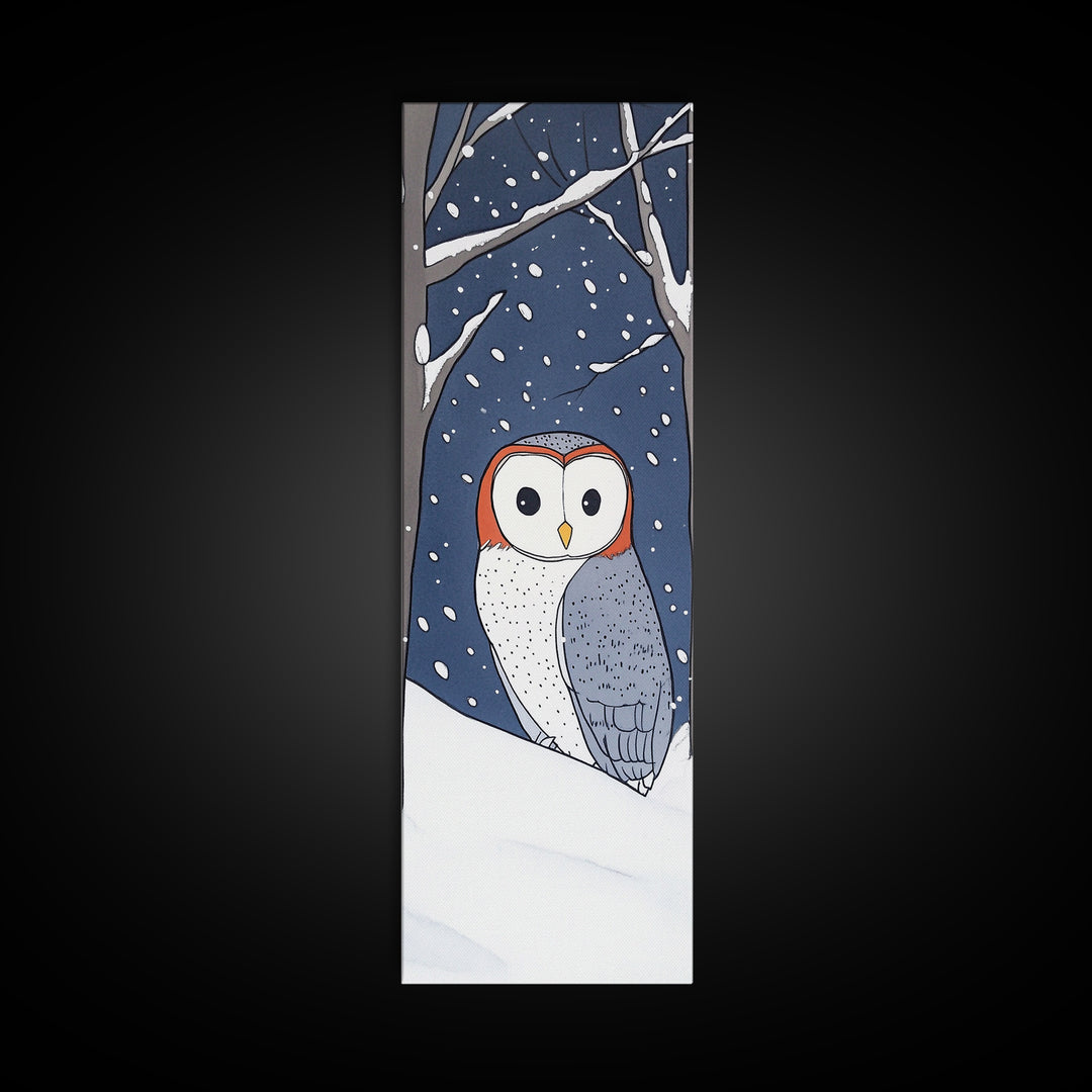 Cute Barn Owl In Snow Canvas Print, Whimsical Animal Wall Art, Winter Nursery Decor, Woodland Bird Gift For Kids Room Decor