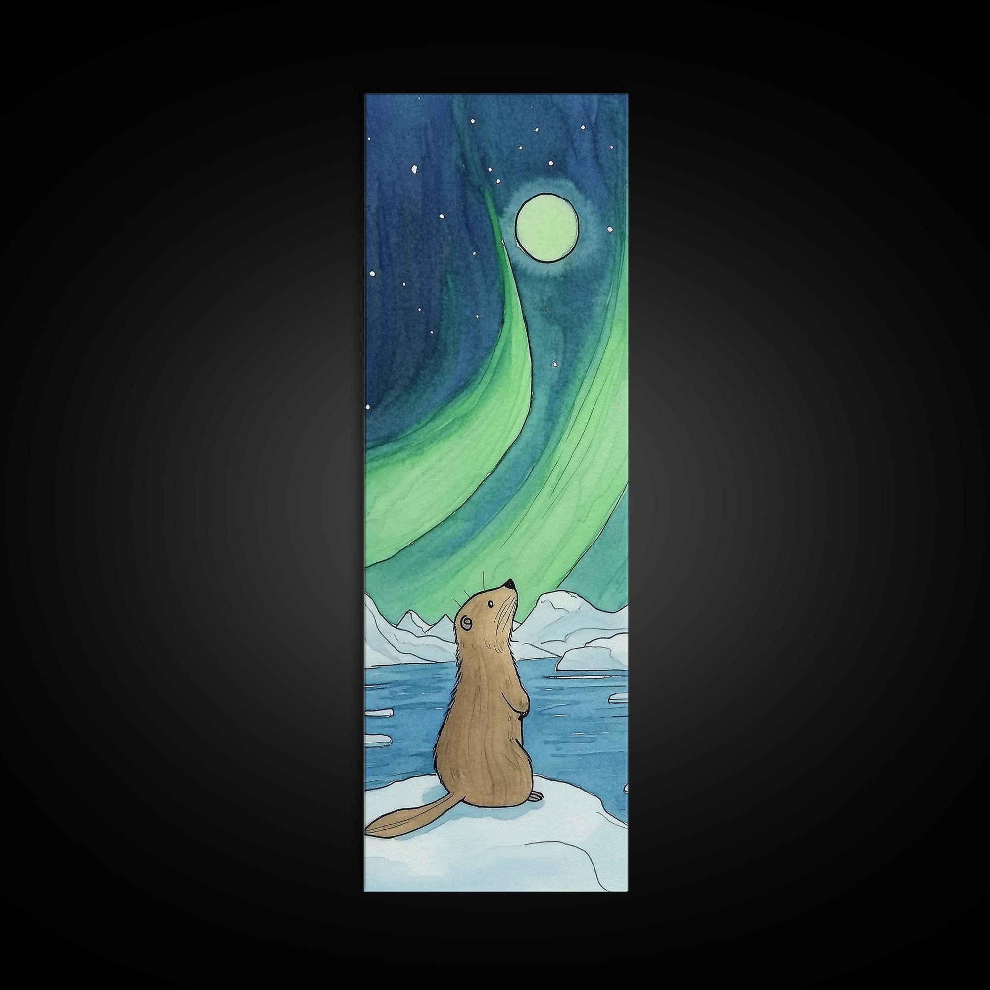 Cute Otter Northern Lights Moon Canvas Print, Whimsical Animal Wall Art, Nursery Decor, Kids Room Art, Aurora Gift For Children