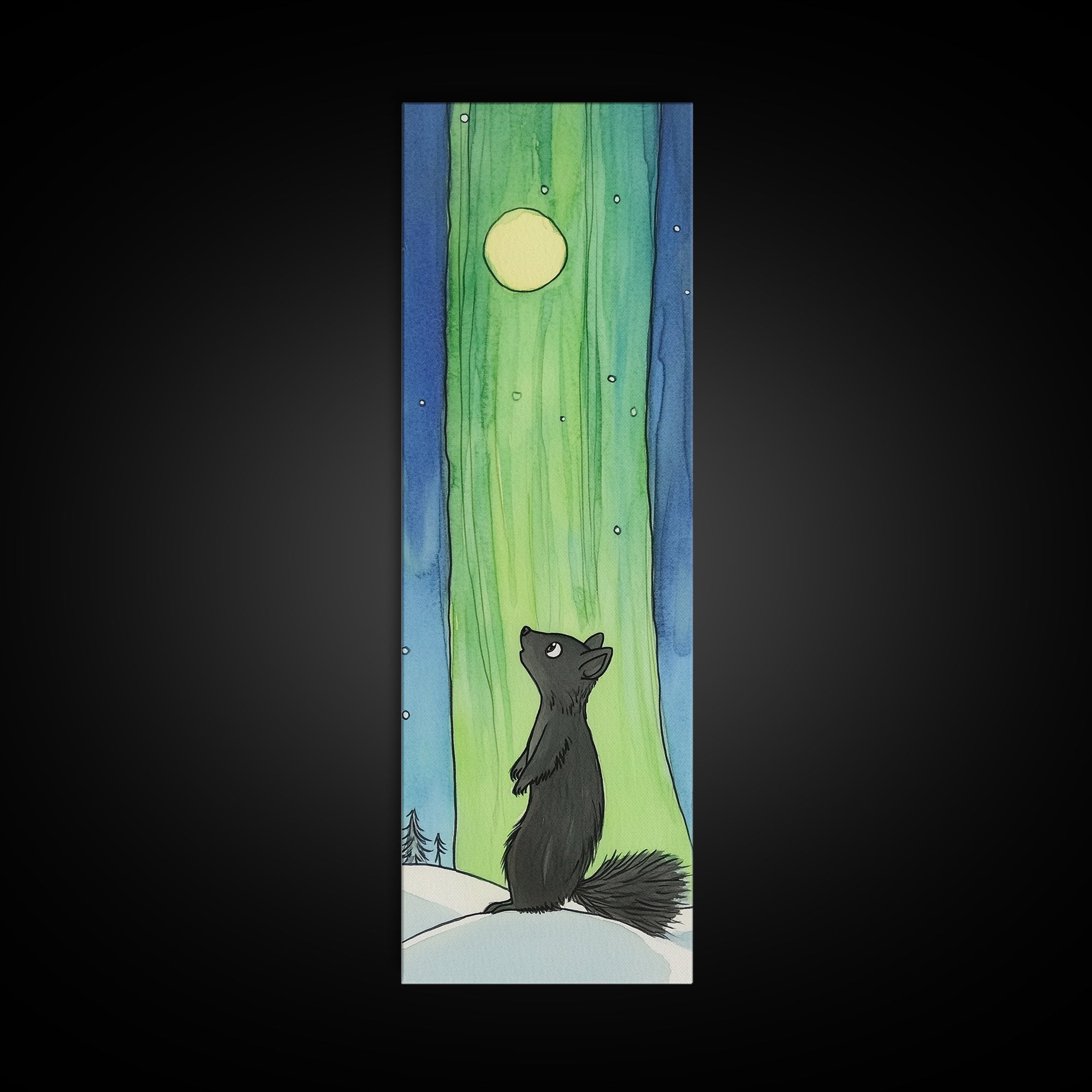 Black Squirrel Aurora Moon Canvas Print, Whimsical Animal Wall Art, Nursery Decor, Kids Room Art, Celestial Wall Decor Gift