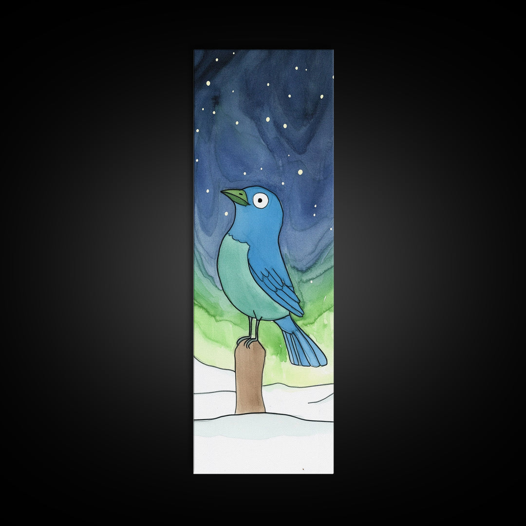 Whimsical Blue Bird In Starry Snow Canvas Print, Winter Nursery Wall Art, Kids Room Decor, Cute Animal Art, Bird Lover Gift
