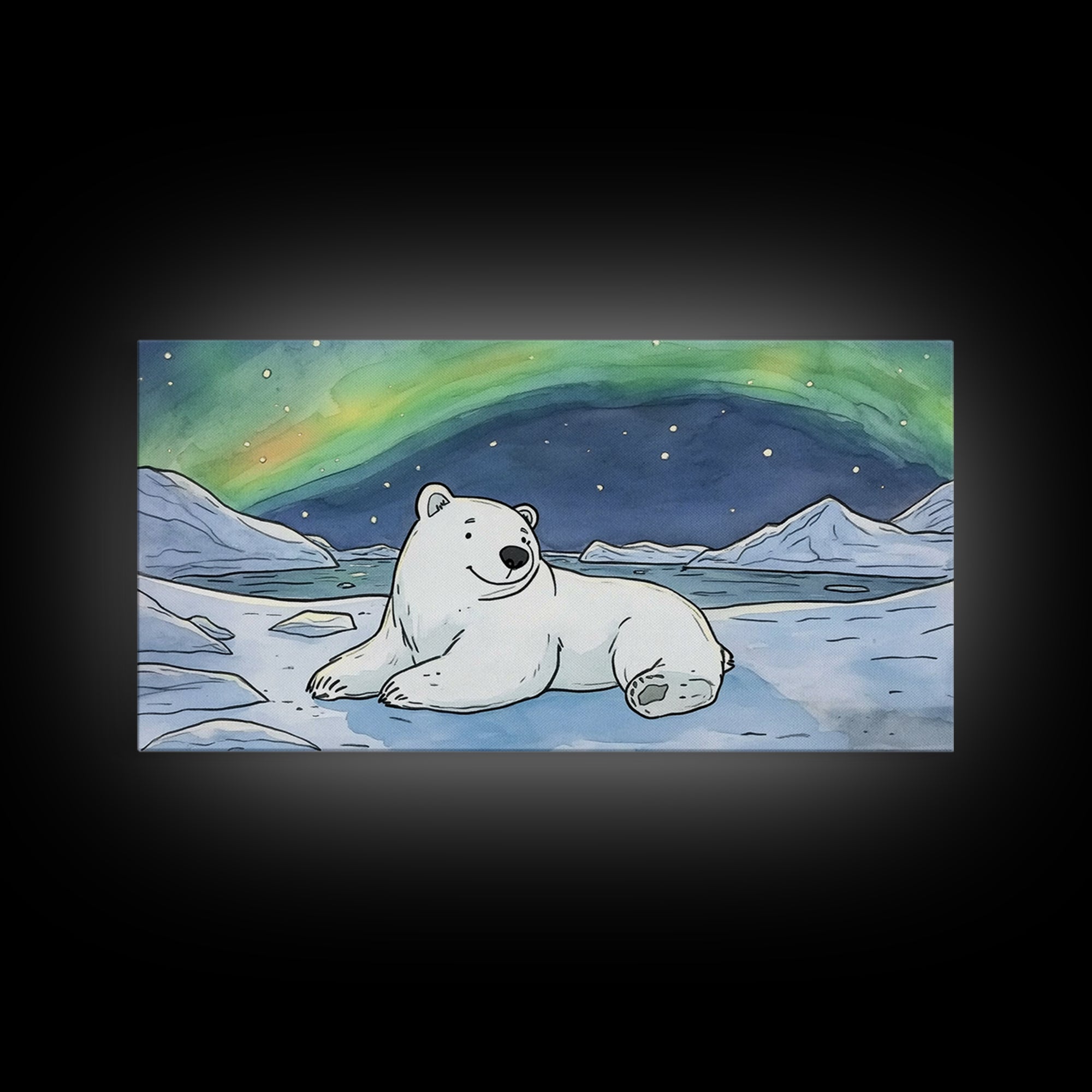 Polar Bear Under Northern Lights Wall Art, Arctic Animal Canvas Print, Nursery Decor, Wildlife Print, Winter Home Decor Gift