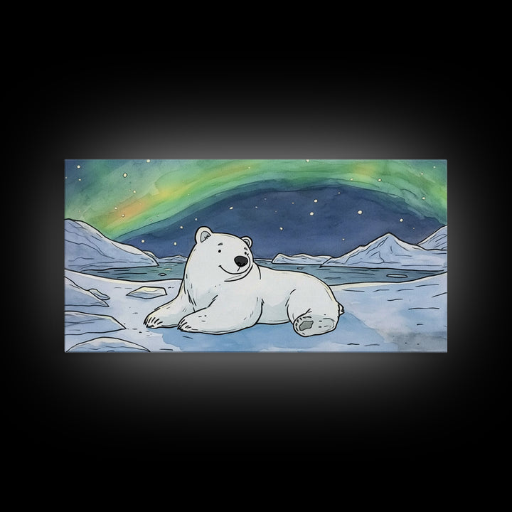 Polar Bear Under Northern Lights Wall Art, Arctic Animal Canvas Print, Nursery Decor, Wildlife Print, Winter Home Decor Gift