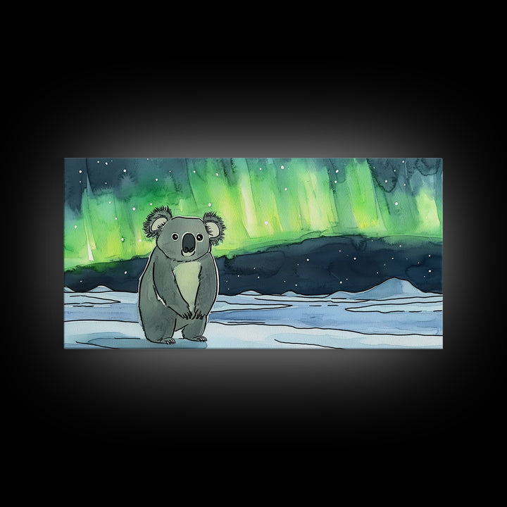Koala Under Northern Lights Wall Art, Whimsical Animal Canvas Print, Aurora Nursery Decor, Kids Room Art, Unique Gift For Her