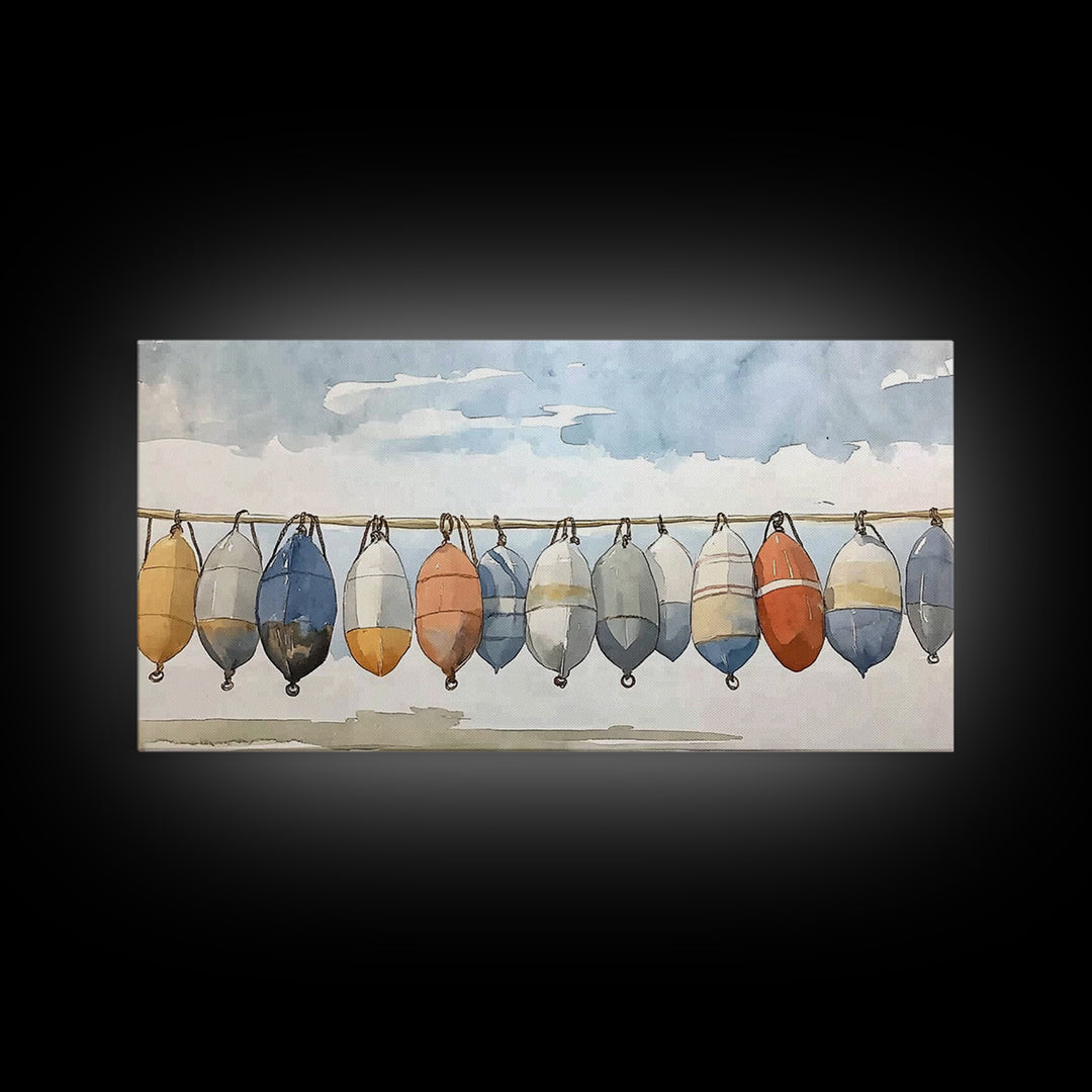 Hanging Coastal Buoys Canvas Print, Nautical Wall Art, Beach House Decor, Ocean Print, Bathroom Wall Decor, Gift For Her