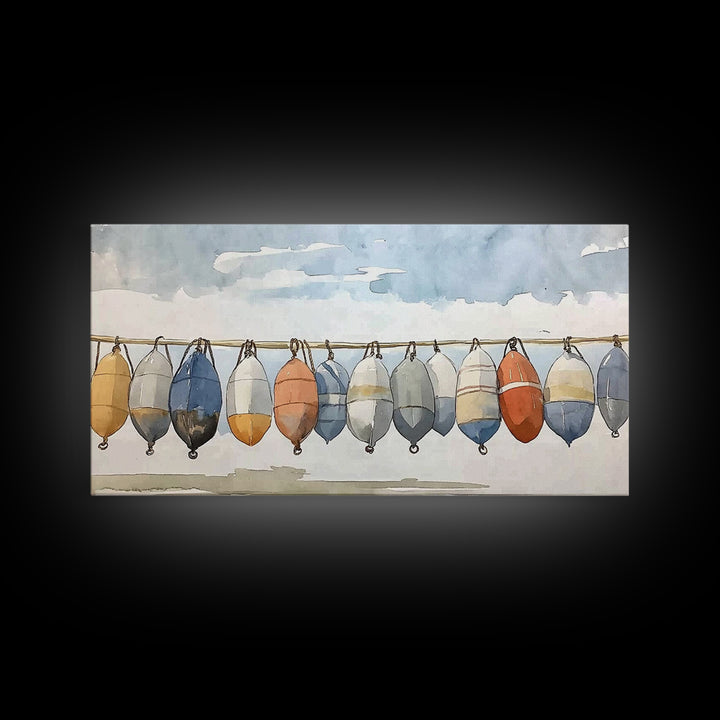 Hanging Coastal Buoys Canvas Print, Nautical Wall Art, Beach House Decor, Ocean Print, Bathroom Wall Decor, Gift For Her