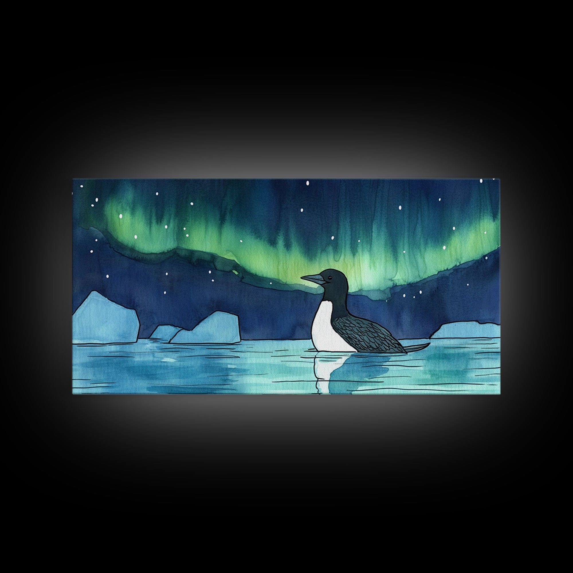 Loon Under Northern Lights Wall Art, Arctic Lake Canvas Print, Wildlife Bird Print, Coastal Nature Decor, Gift For Her, Home Decor