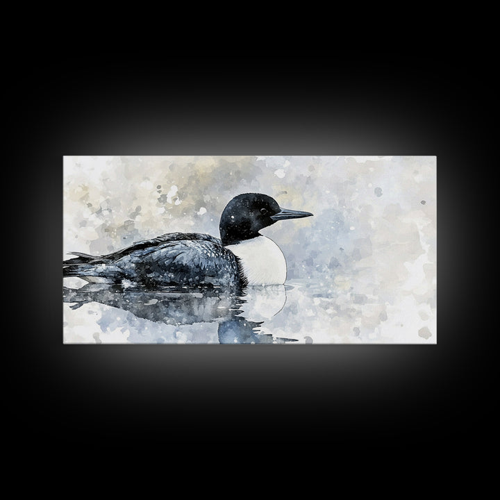 Watercolor Loon On Misty Lake Wall Art, Coastal Bird Canvas Print, Nature Wildlife Decor, Serene Lake House Gift, Living Room Fine Art Print