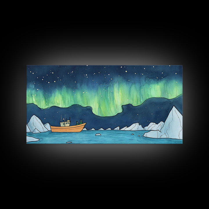 Northern Lights Boat And Iceberg Wall Art, Arctic Seascape Canvas Print, Aurora Borealis Travel Poster, Nautical Decor Gift