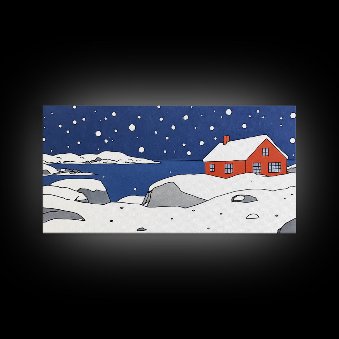 Red House On Snowy Coastal Hill Wall Art, Winter Lake Landscape Canvas Print, Scandinavian Decor, Rustic Housewarming Gift