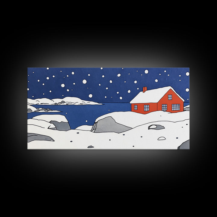 Red House On Snowy Coastal Hill Wall Art, Winter Lake Landscape Canvas Print, Scandinavian Decor, Rustic Housewarming Gift