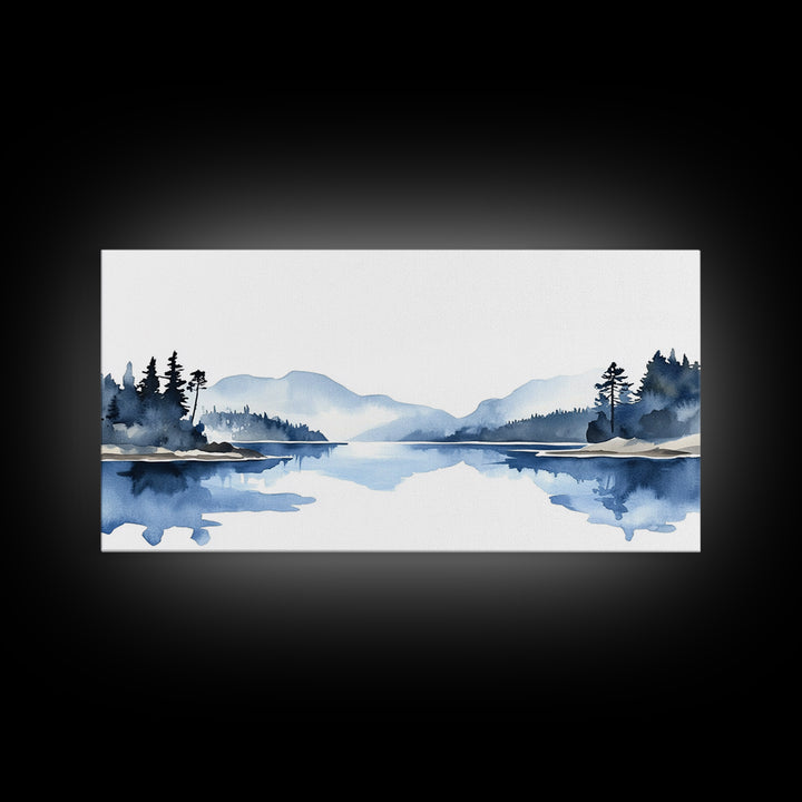 Minimal Blue Mountain Lake Wall Art, Watercolor Landscape Canvas Print, Scandinavian Nature Decor, Calm Living Room Wall Art