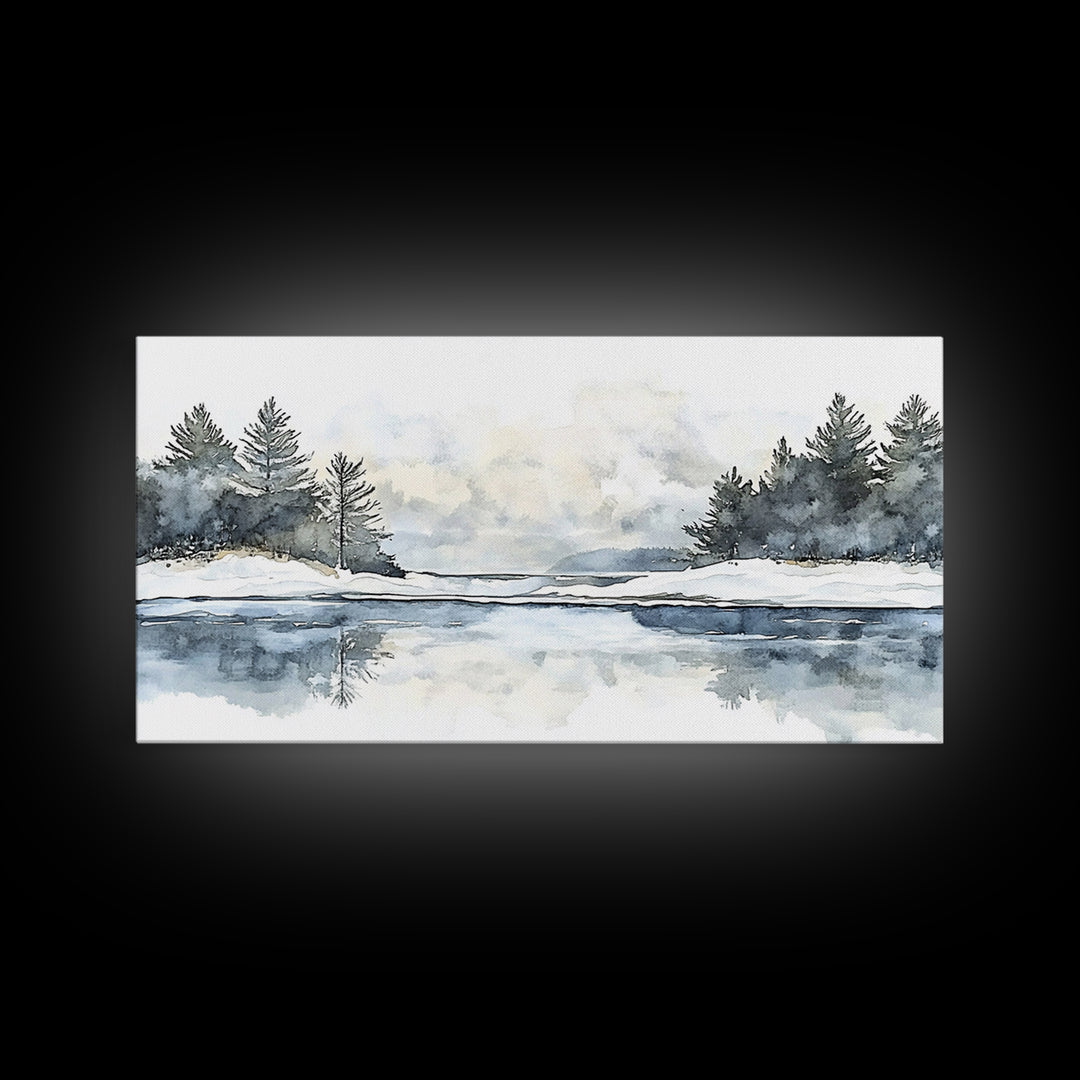 Winter Pine River Reflection Wall Art, Blue Watercolor Landscape Canvas Print, Serene Nature Living Room Decor, Lake House Gift