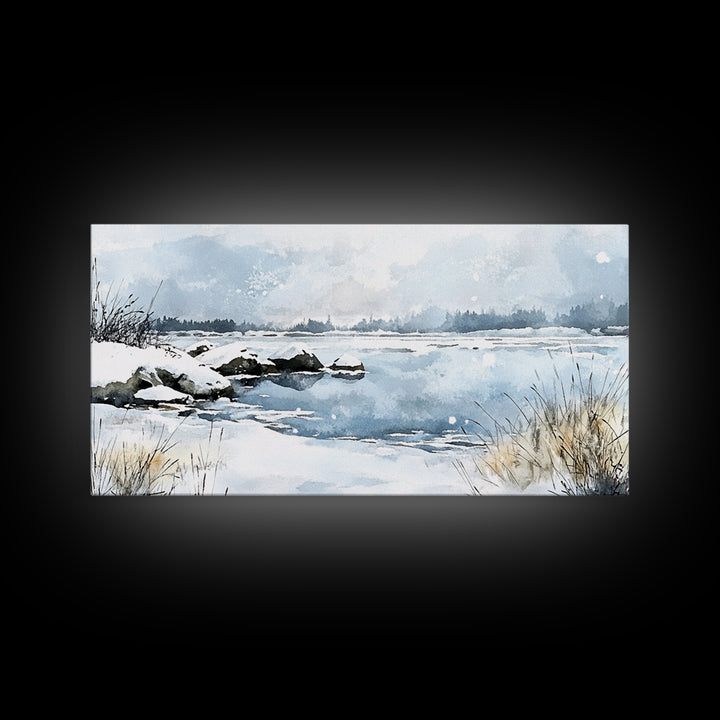 Snowy Marsh Lake With Rocks And Grass Wall Art, Winter Watercolor Landscape Canvas Print, Neutral Nature Decor, Cabin Gift