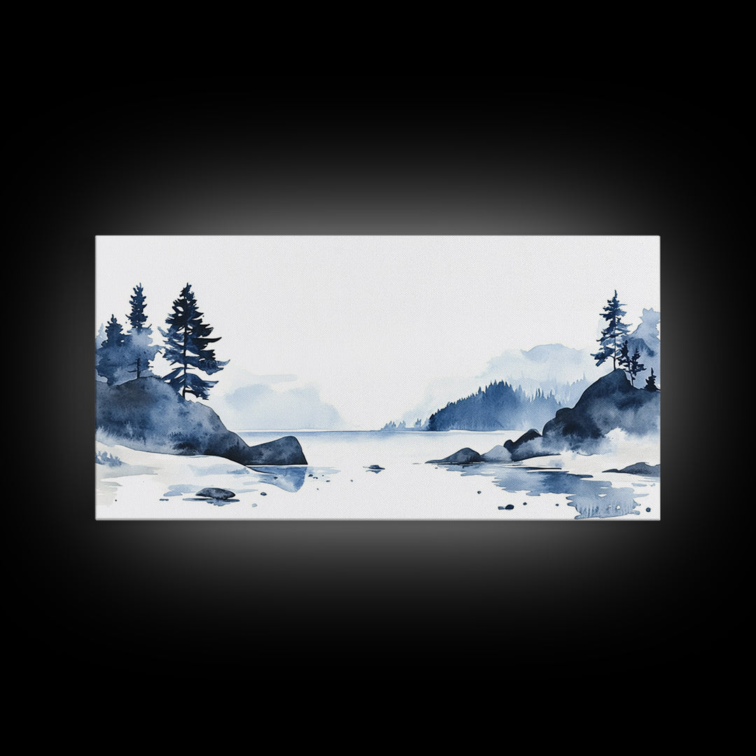 Blue Rocky Lake And Pine Island Canvas Print, Watercolor Coastal Landscape, Scandinavian Wall Decor, Calm Living Room Art