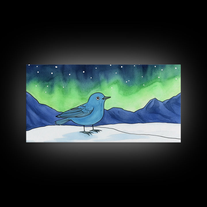 Blue Bird Under Northern Lights Canvas Print, Aurora Mountain Landscape Wall Decor For Nursery, Kids Room, Winter Home Decor