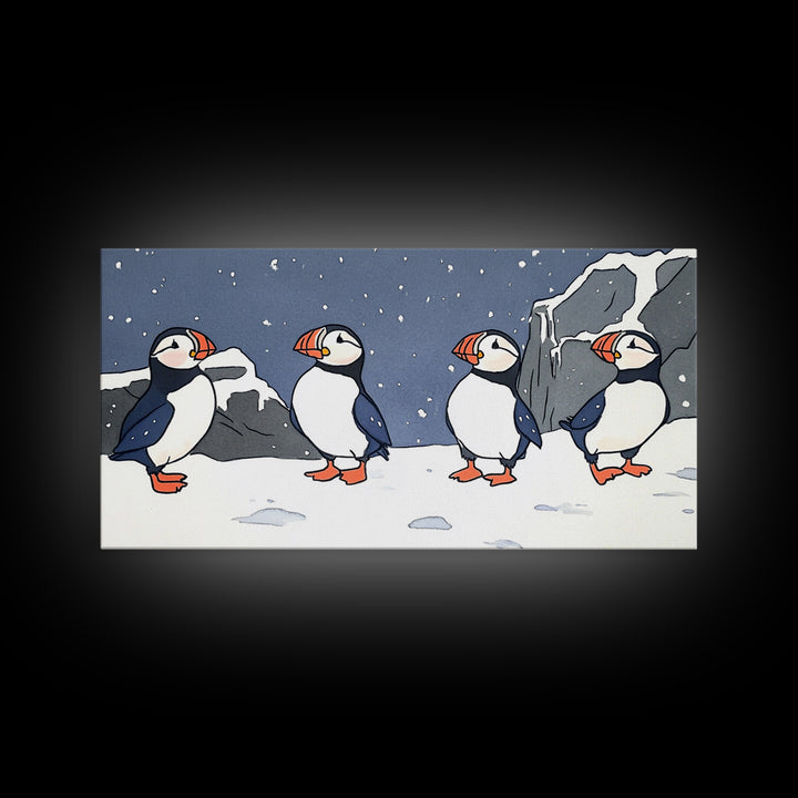 Four Puffins In Snowy Arctic Landscape Canvas Print, Whimsical Animal Wall Art For Kids Room, Nursery, Coastal Winter Decor