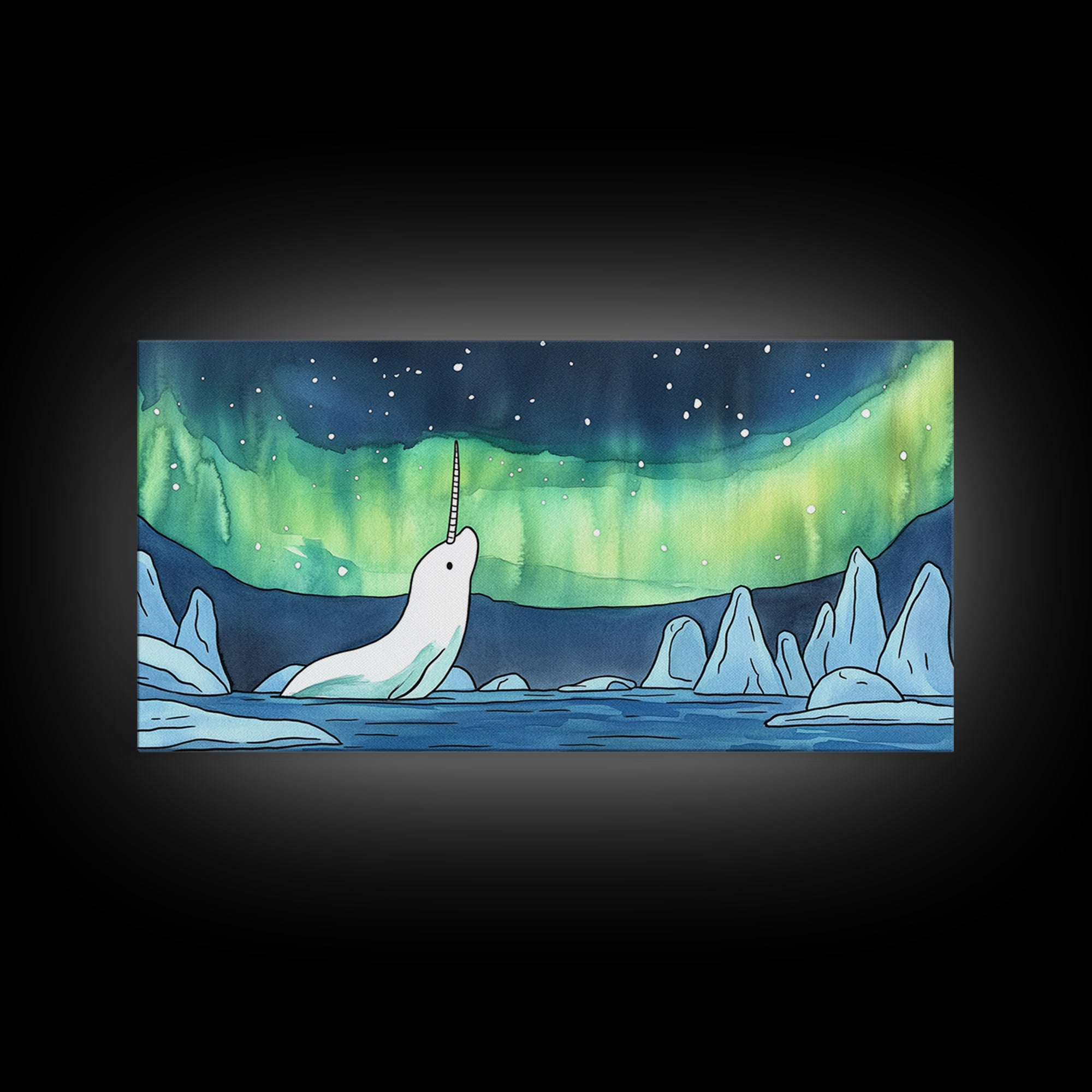 White Narwhal Under Northern Lights Canvas Print, Arctic Ocean Wall Art For Nursery, Kids Room, Coastal Decor, Fantasy Gift