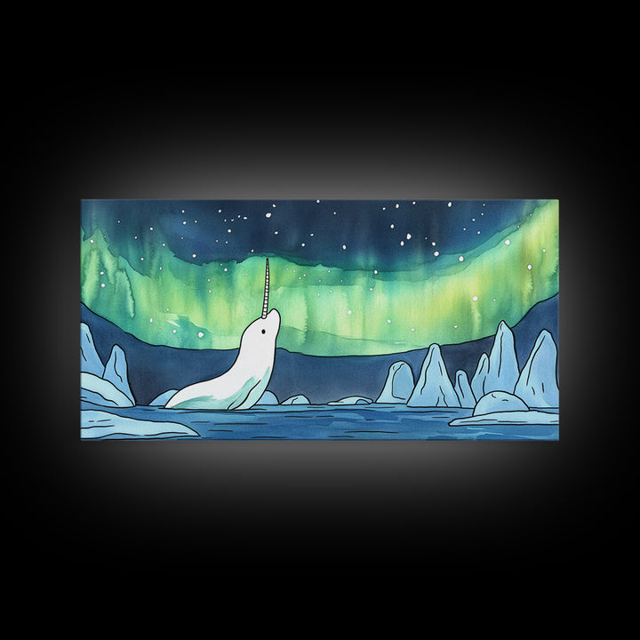 White Narwhal Under Northern Lights Canvas Print, Arctic Ocean Wall Art For Nursery, Kids Room, Coastal Decor, Fantasy Gift