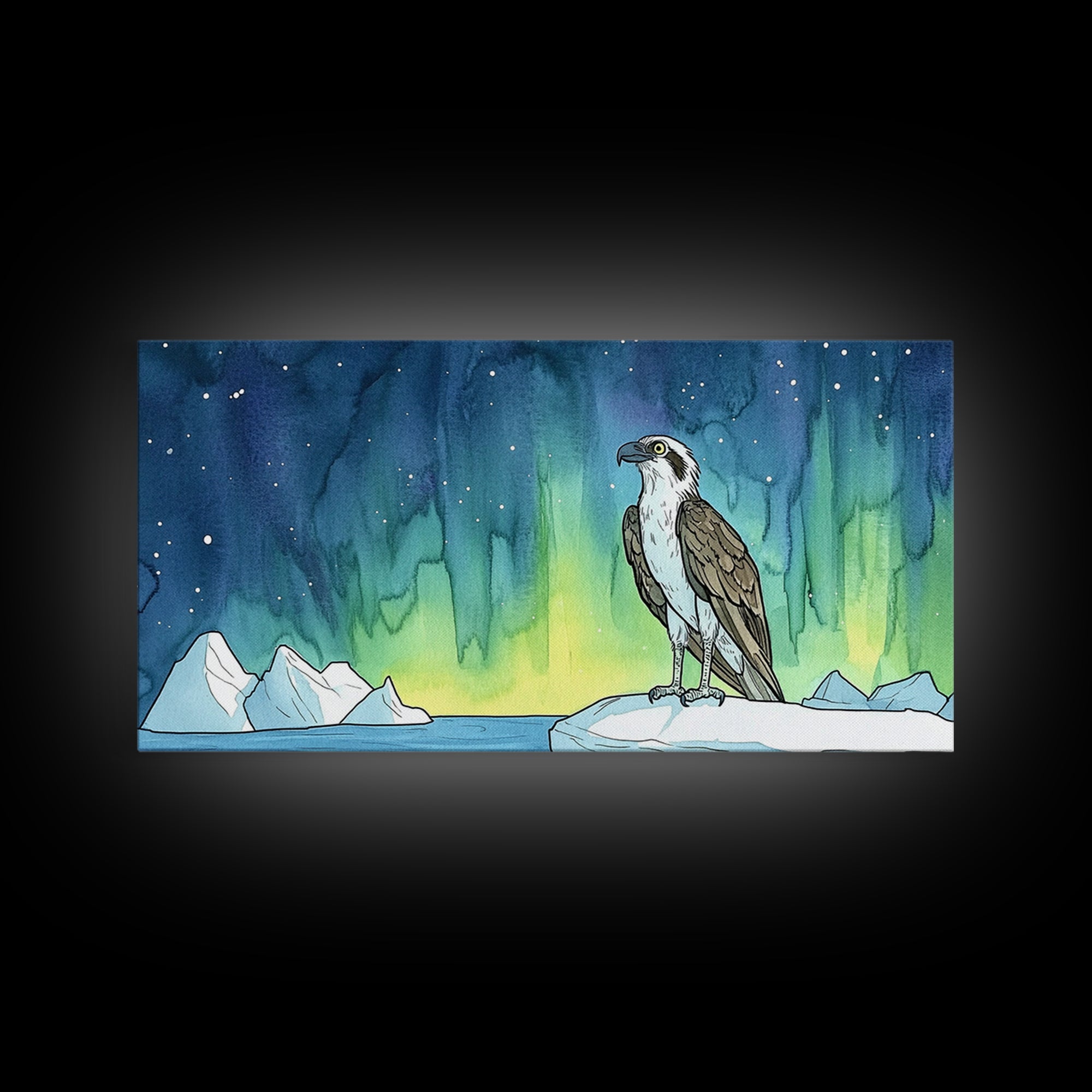 Osprey Perched Beneath Northern Lights Wall Art, Aurora Borealis Bird Print, Arctic Nature Decor, Wildlife Canvas Art Print