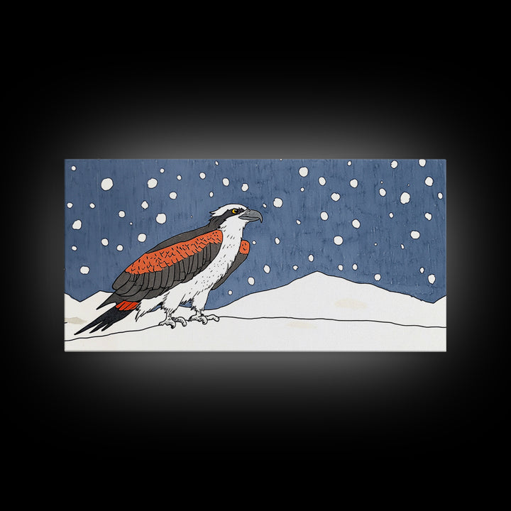 Snowy Osprey Hawk In Winter Landscape Wall Art, Bird Lover Gift, Rustic Wildlife Print, Cabin Decor Canvas Art, Nature Wall Decor