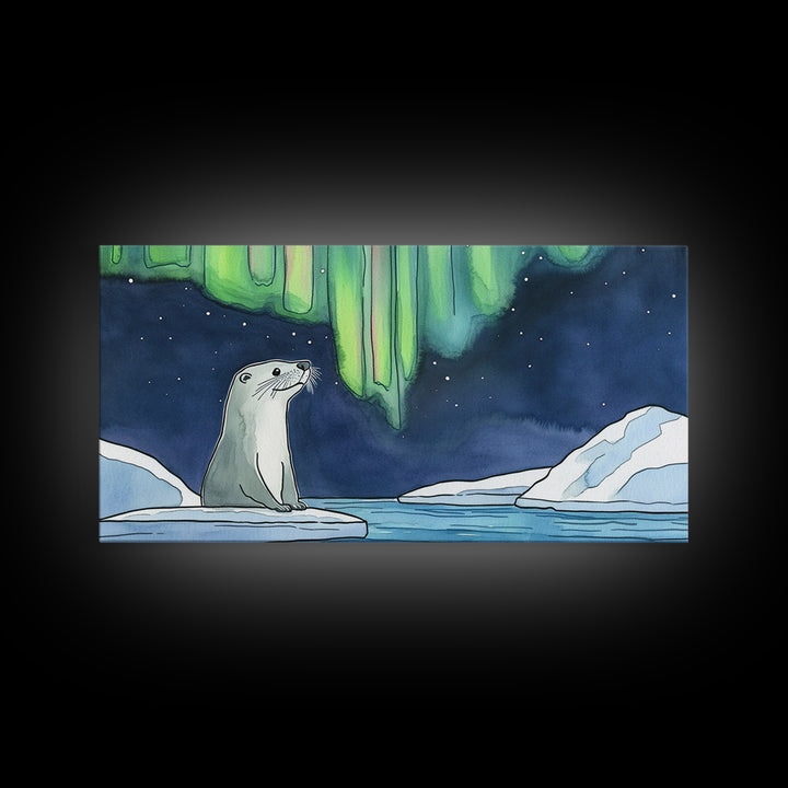 Arctic Seal Under Northern Lights Wall Art, Aurora Ocean Animal Print, Whimsical Nursery Decor, Coastal Canvas Print, Housewarming Gift